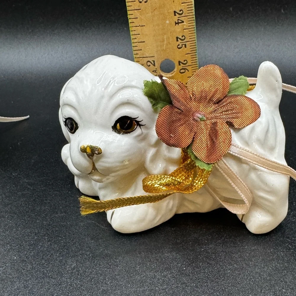 Pair of Vintage White Porcelain Dog Figurines With Flowers Made in Taiwan